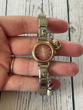 Women's Silver-Tone Bracelet Watch with Pink Dial and Holiday Charms